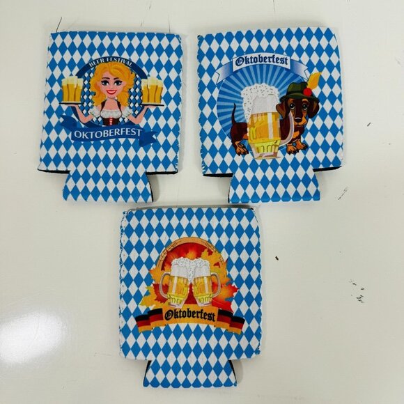 Oktoberfest Beer Can Coolers 9-Pack With Bavarian Patterns & Fun Designs New - Picture 3 of 7